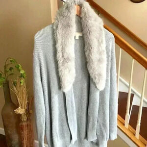 Michael Kors Faux Fur Collar Metallic Cable Knit Cardigan Size M